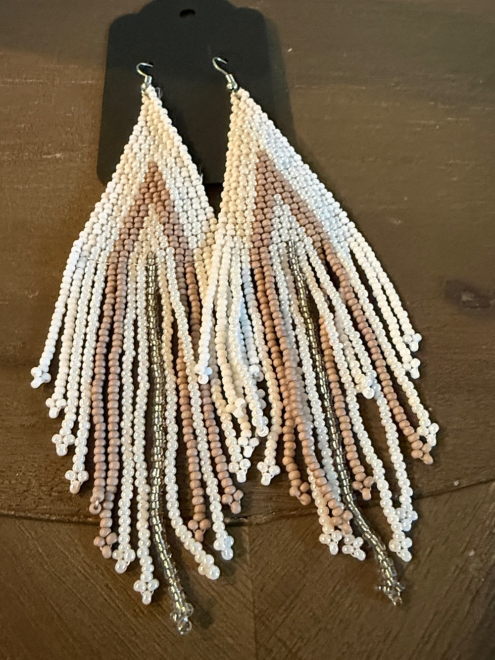 Beaded Fringe Drop Earrings - White & Beige